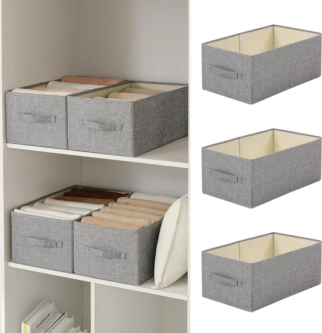 Linen Folding Storage Bins, 3 Pack Large Storage Baskets, Washable, Clothing Storage Bins with Handle, Closet Organizer for Storage Sweater,Sheets(dark grey, 18"x11" x8")