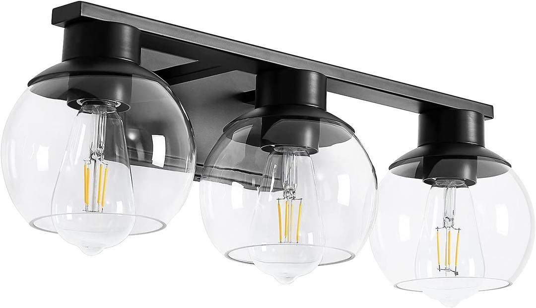 3-Light Bathroom Vanity Lights, Matte Black Bathroom Light Fixtures Over Mirror with Globe Glass Shade, 22in Modern Decor Wall Sconces for Bath Mirror Bedroom Hallway, E26 Base (Bulbs Not Included)
