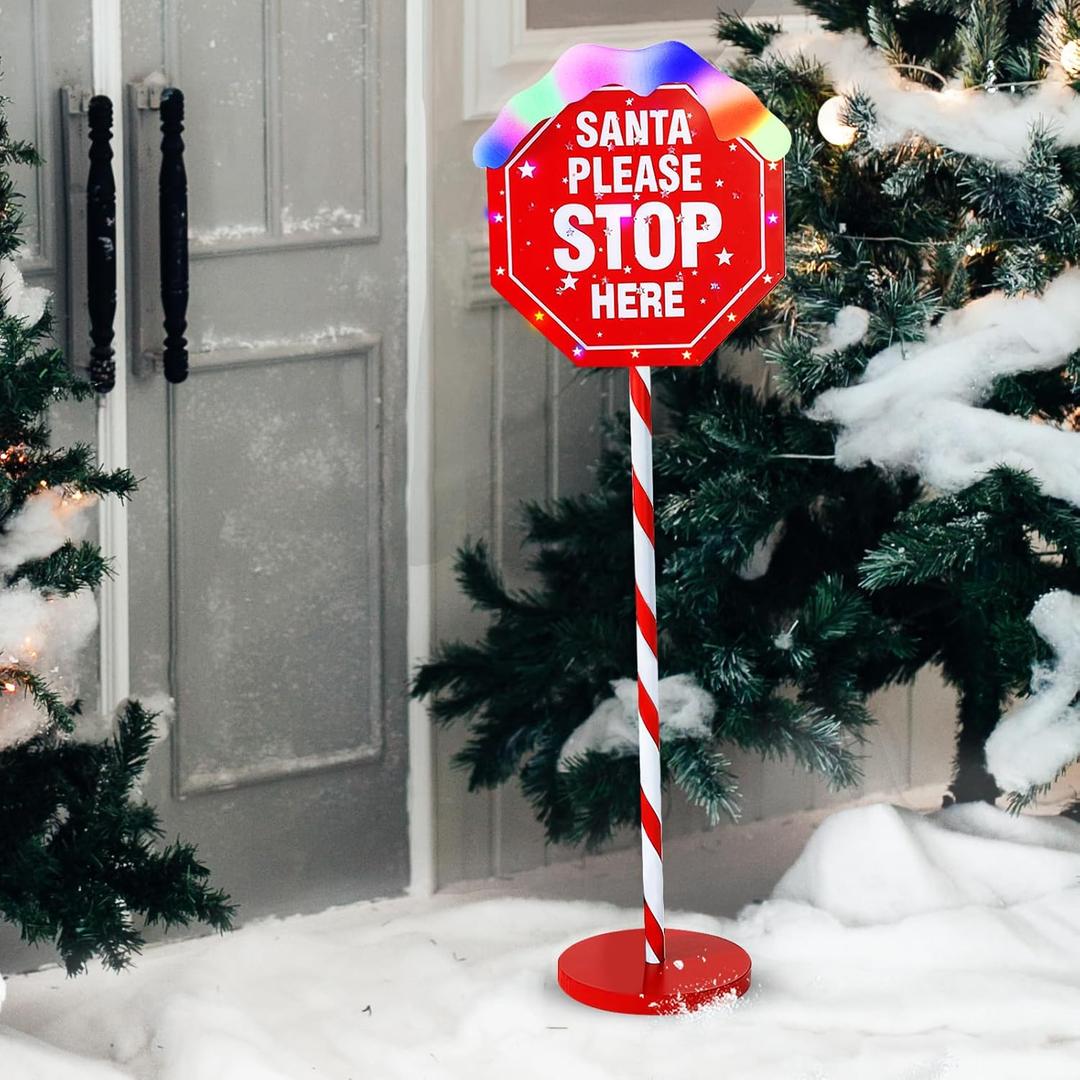Christmas Santa Stop Here Yard Stake 40-inch Pre-lit Christmas Yard Decorations with 30 Multi-Color LEDs 8 Lighting Modes Santa Sign for Xmas Party Landscape Patio Decor