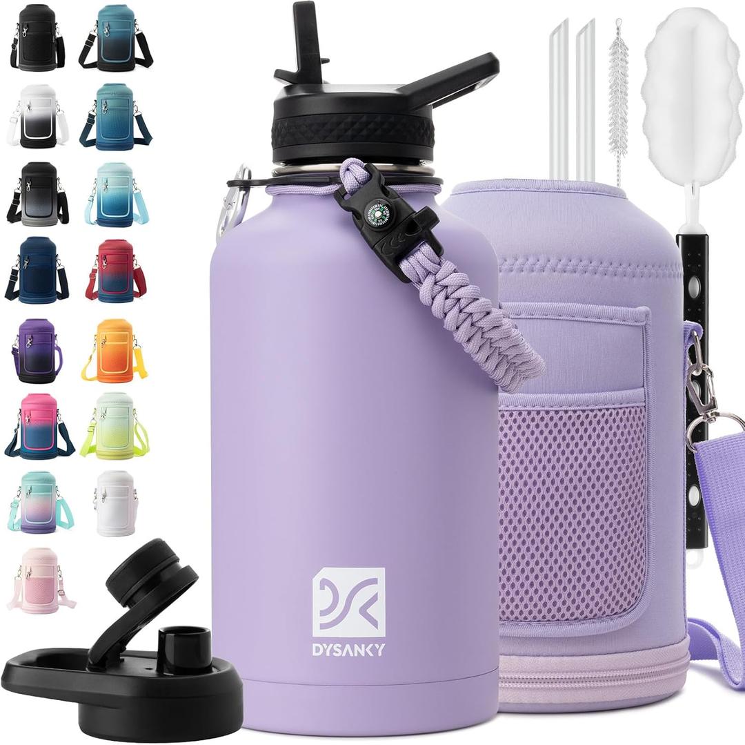 Insulated Water Bottle | Thickened Stainless Steel Vacuum Metal | Portable Sports Half Gallon Large Water Jug for Gym and Hiking with Straw, Carrier Bag, Handle Strap | BPA-Free 64 oz (Purple)