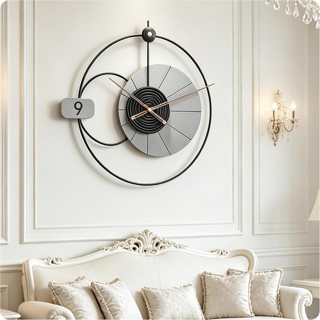 26"X25" Large Metal Wall Clock for Living Room Decor, Silent Battery Operated Asymmetric Bauhaus Clock, Minimalist Black Grey Geometric Iron Art Clock with Wooden Hands for Kitchen Bedroom Dining Room