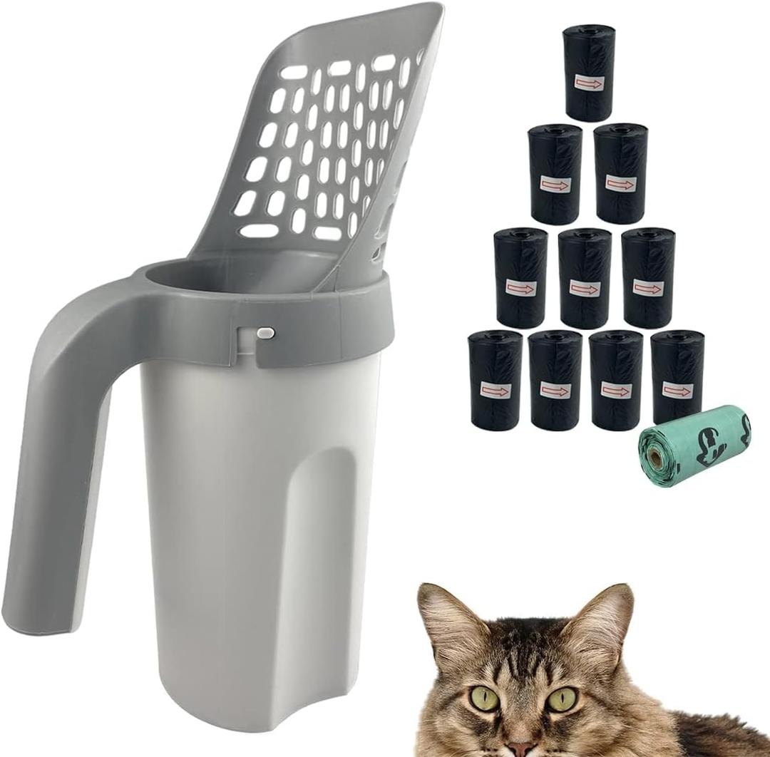 Cat Litter Scooper with Trash Container,Portable Litter Scoop Holder,Litter Scoop with Holder Provides 215 Garbage Bags,Scoop Litter Disposal System In One