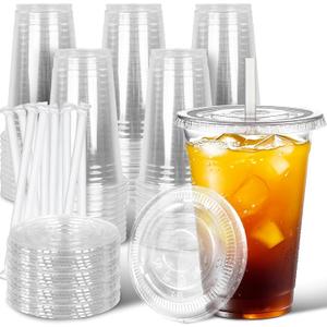 Ginkgo 50 Pack 24 oz Clear Plastic Cups with Lids and Straws, Sturdy & Leak-Proof Disposable Iced Coffee Cups for Lemonade, Smoothies & Cold Drinks