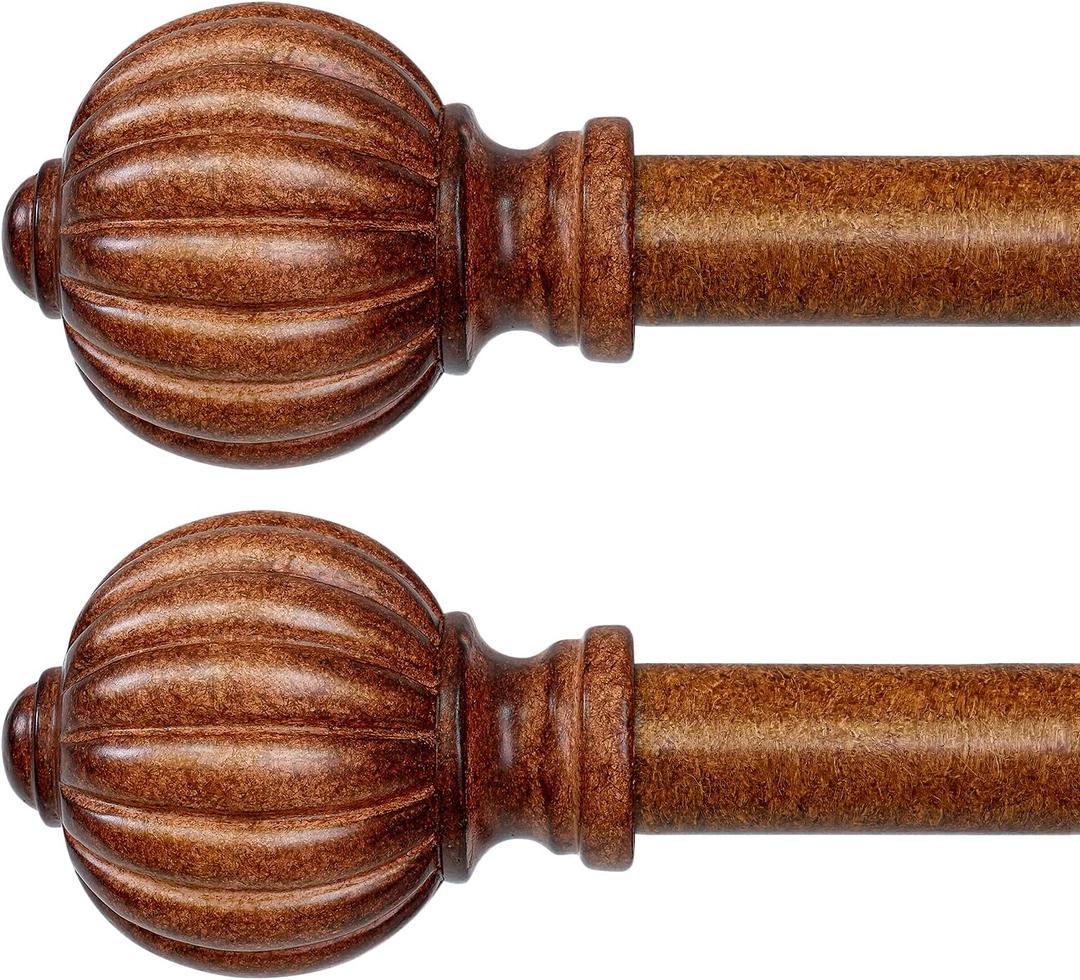 2 Pack Dark Brown Wood Curtain Rods for Windows 28 to 48 Inch, 1'' Adjustable Heavy Duty Curtain RodVintage Imitation Wood Decorative Drapery Rods with Pumpkin Finials for Bedroom Living Room