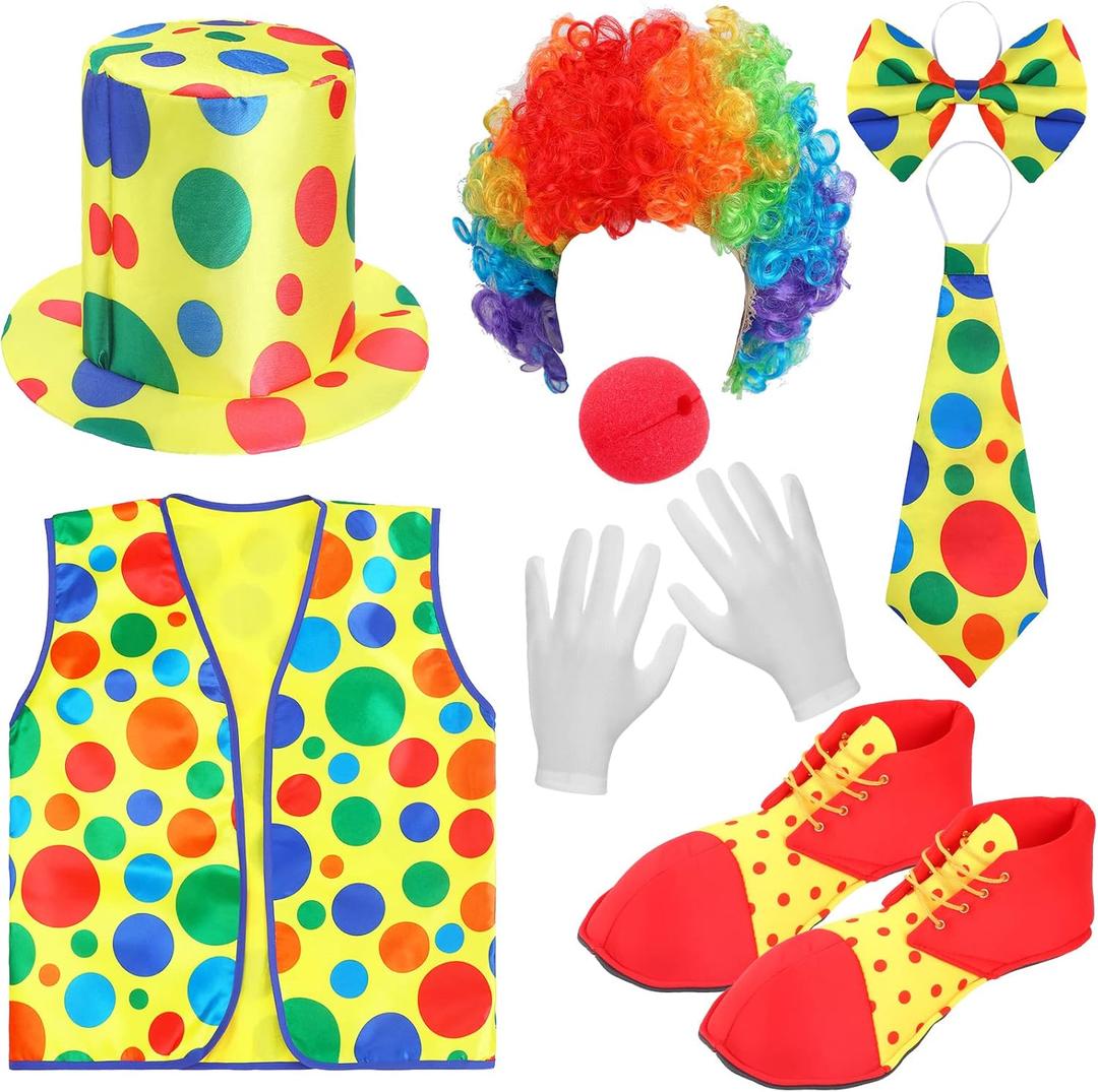 Funtery 8 Pcs Clown Costume for Women Men Circus Clown Accessories Include Wig Nose Shoes Vest Hat Bow Tie and White Gloves Halloween Cosplay Party