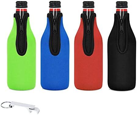 4 Pack Beer Bottle Cooler Sleeves Keep Drink Cold Zip-up Extra Thick Neoprene Insulated Sleeve Cover with Bottle Opener（4 Pack, Multi)