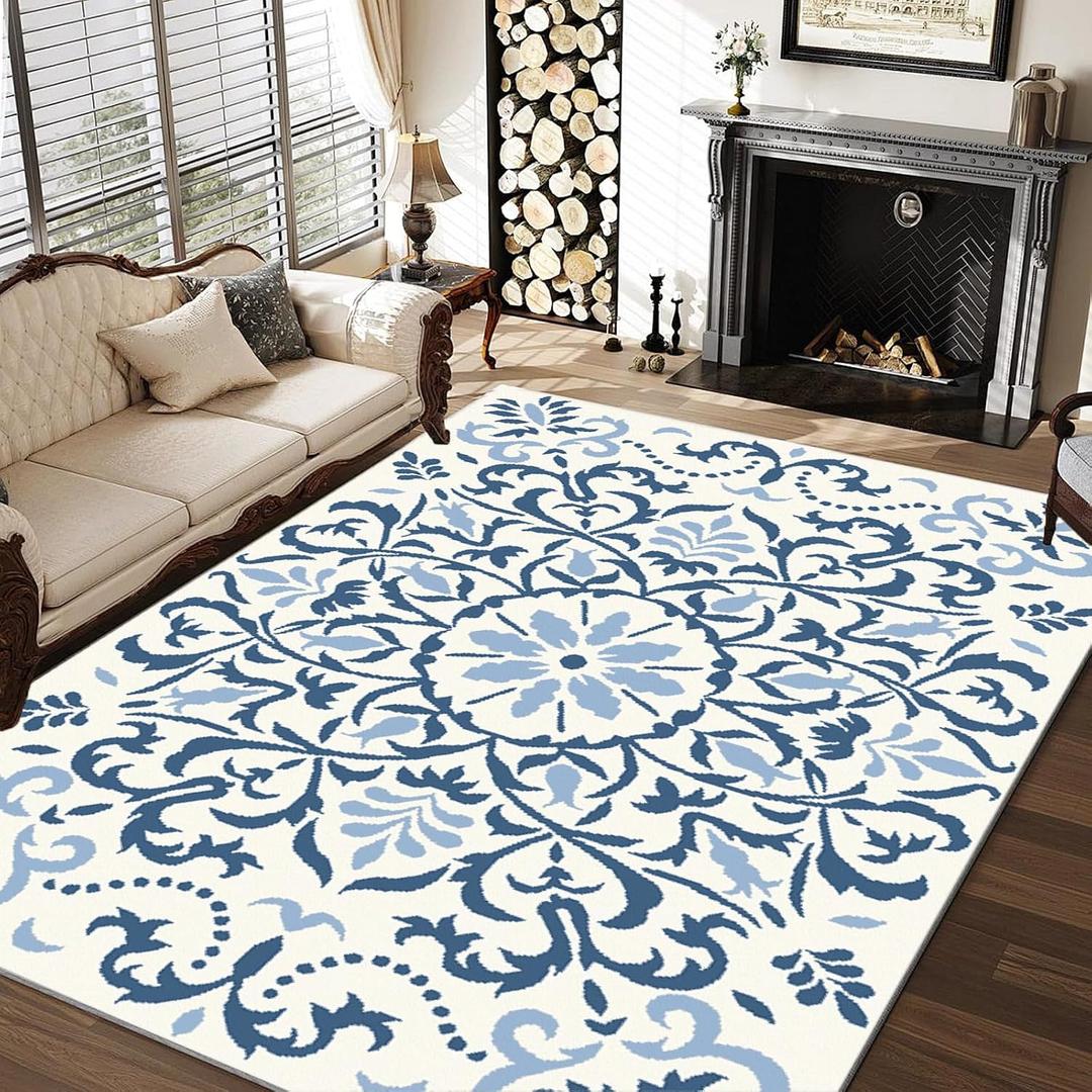 Blue Area Rugs for Living Room 8x10, Machine Washable Rugs Non Slip, Boho Vintage Indoor Carpet Mats for Home Decor