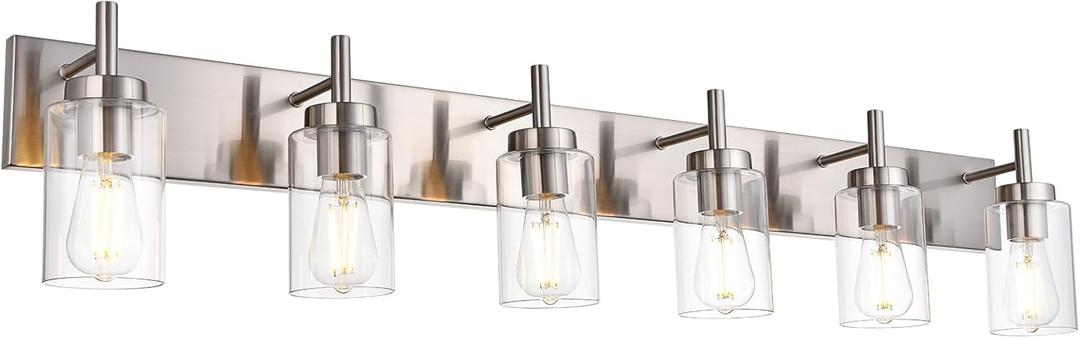 VINLUZ Bathroom Vanity Light Fixture Brushed Nickel with Clear Glass 6-Light Modern Wall Lighting Industrial Indoor Sconces Wall Mounted Lamp for Bedroom Kitchen (Patent No.: US D958,438 S)