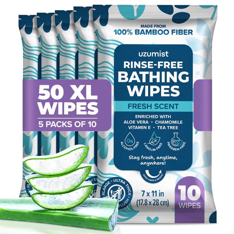 Body Wipes for Adults Bathing No Rinse 50pc XL - Ultra Thick Shower Travel Wipes for Personal Cleansing & Hygiene Essentials, Elderly Care, Incontinence Disposable Washcloths for Women Men (1 Count (Pack of 50))