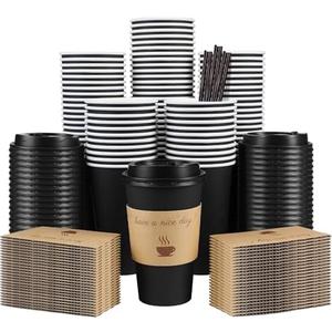 Clawsoff 100 Pack 16 oz Coffee Cups with Lids, Disposable To Go Paper Coffee Cups with Sleeves and Stirring Sticks for Hot/Cold Drinks Office Home Shop Event (Black)
