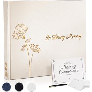 Revery Funeral Guest Book for Memorial Service - with Pen, Cards, Table Sign & Back Pocket, Guests Sign in Book in Loving Memory | Celebration of Life Memorial Service Guest Book, White Linen Cover