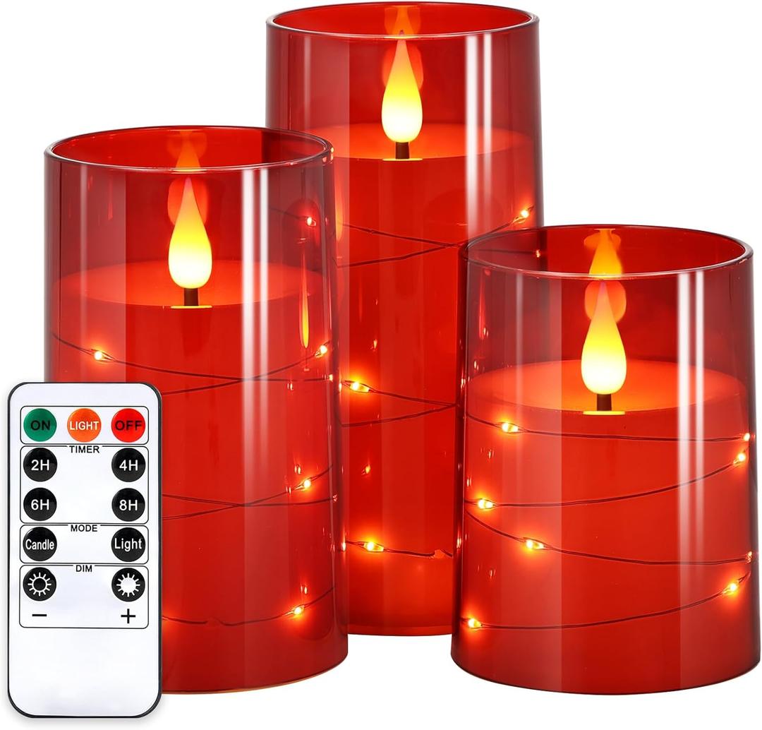NURADA Flickering Flameless Candles: Built-in Star String Lights Battery Operated LED Pillar Candles with Remote and Timer Romantic Decorations for Wedding Party Christmas Halloween - Red 3 Pack (4-5-6 inches)