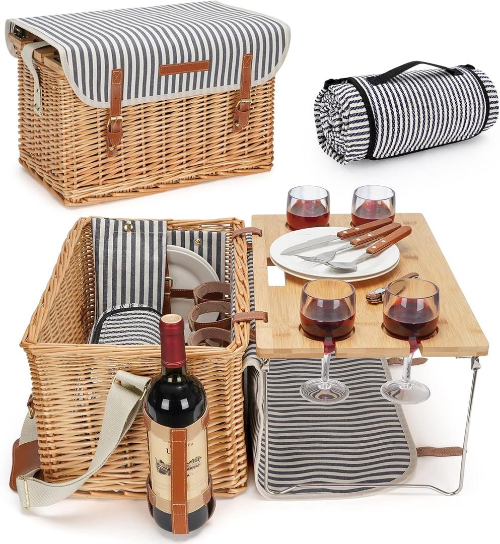 Wicker Picnic Basket for 4 with Wine Table - Stripe