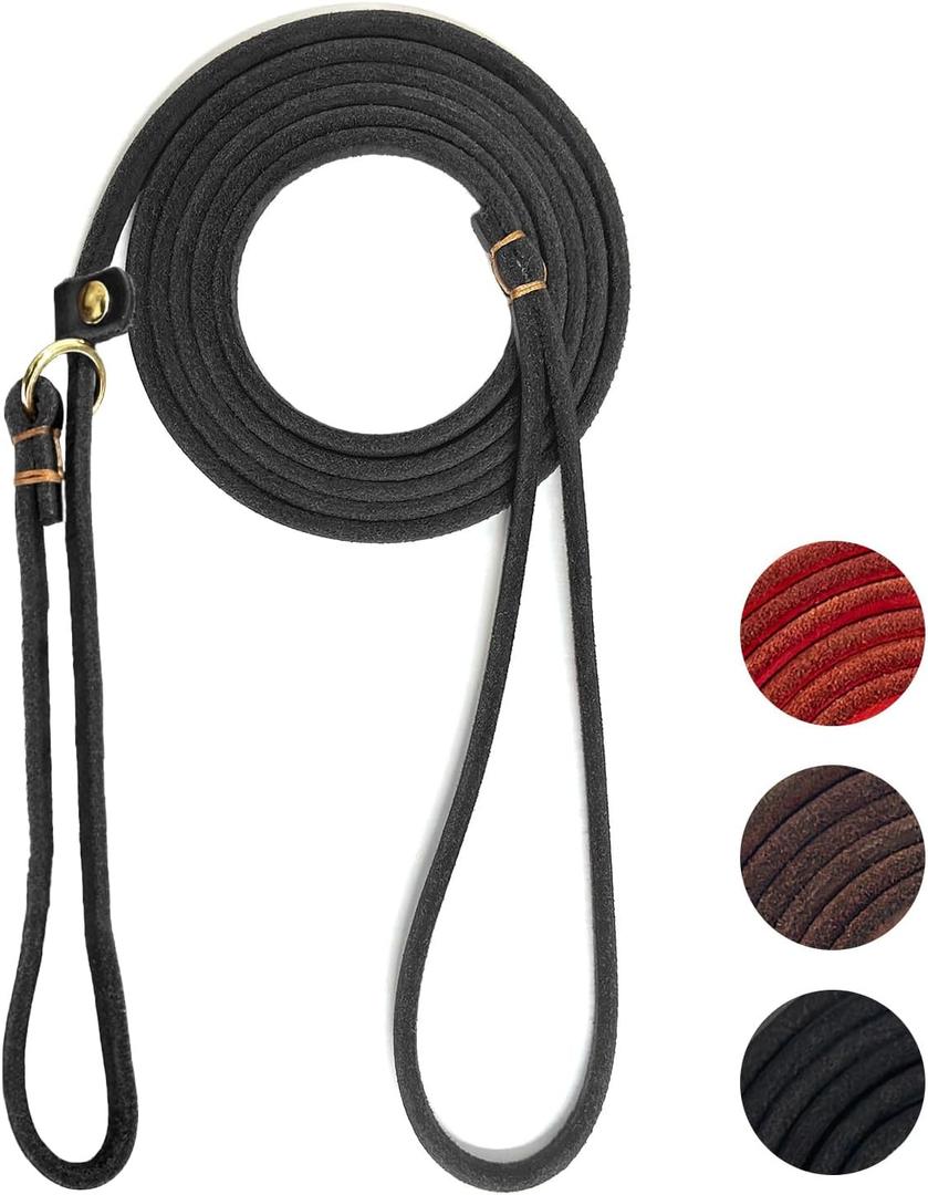 Guiding Star Leather Slip Lead Dog Leash for Small Dogs & Puppies 6 Ft x 1/4 Inch,Luxurious and Lightweight Leather Training Dog Leash for Walking with Soft Handle (Black)