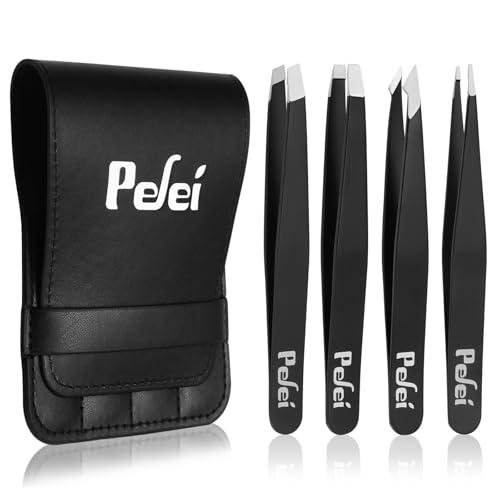 Pefei Tweezers Set - Professional Stainless Steel Tweezers for Eyebrows - Great Precision for Facial Hair, Splinter and Ingrown Hair Removal (Black), Set of 2