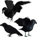 FUNPENY Halloween Black Feathered Crows, 3 Pack Black Crows with Real Feather Halloween Decoration for Indoor Outdoor