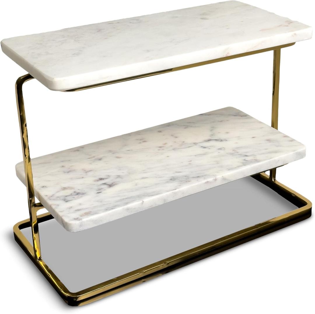 Rectangular 2-tier - 13 x 10.75 Inch White and Gold Marble Small Cake/Dessert Stand