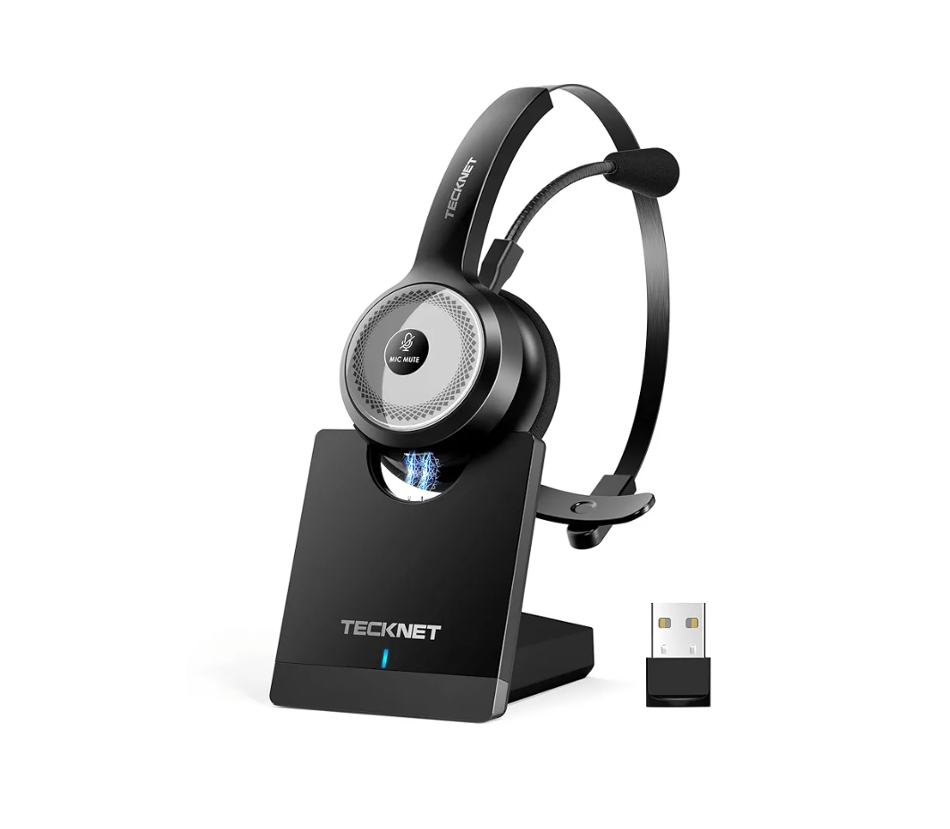 TECKNET Bluetooth 5.0 Headset with Microphone for PC, USB Wireless Headset with Mic for Work, 40Hrs Worktime AI Noise Cancelling On Ear Bluetooth Headphones with Charging Base for Laptop/Call Center