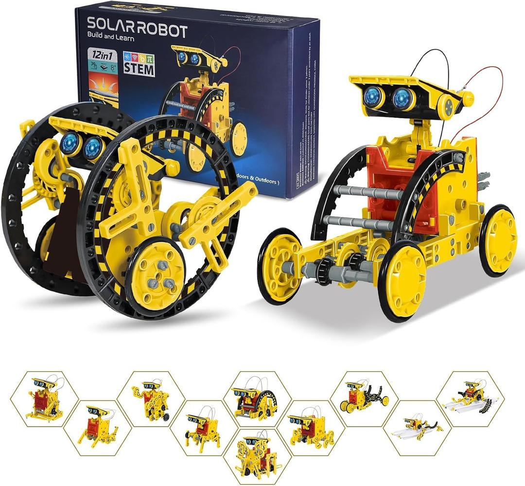 Solar Robot Kit for Kids Age 8-12, STEM Building Toys,12-in-1 Build Your Own Robot with Solar Panel & Battery Power, Science Engineering Christmas Birthday Idea Gifts for Boy Age 8 9 10 11 12 (Yellow)