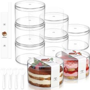 Blushtier 25 Pack Dessert Cups with Lids and Sporks Stickers, Clear Reusable Tiramisu Containers Parfait Cups for Cookie, Macaron, Pudding, Mousse, Fruit (3.94 x 2.36 Inch,Round)