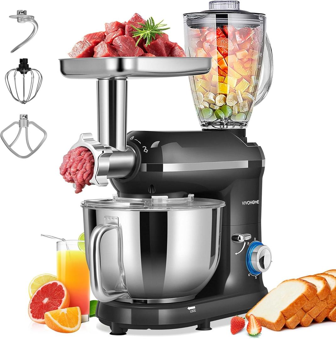VIVOHOME 3 in 1 Multifunctional Stand Mixer with 6 Quart Stainless Steel Bowl, 650W 6 Speed Tilt-Head Meat Grinder, Juice Blender, Black