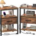 OLIXIS Nightstands Set of 2 with Charging Station, Bedside Tables with USB Ports and Fabric Drawer, Small Night Stand with Open Adjustable Shelf, Compact End Table for Bedroom, Rustic Brown