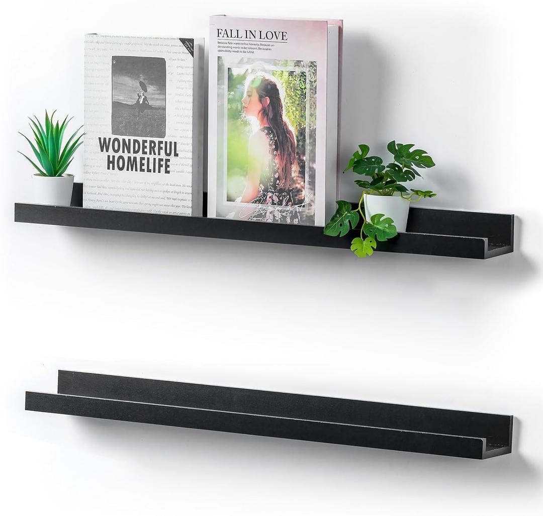 24 inch Long Shelf for Wall: Black Wall Book Shelves for Bedroom Kids - Narrow Floating Shelves for Picture Photo