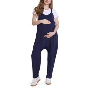 Motherhood Maternity womens Casual Baggy Sleeveless V-neck Pregnancy Romper Jumpsuit With Loose Spaghetti Straps and Pockets (Medium, Peacoat)