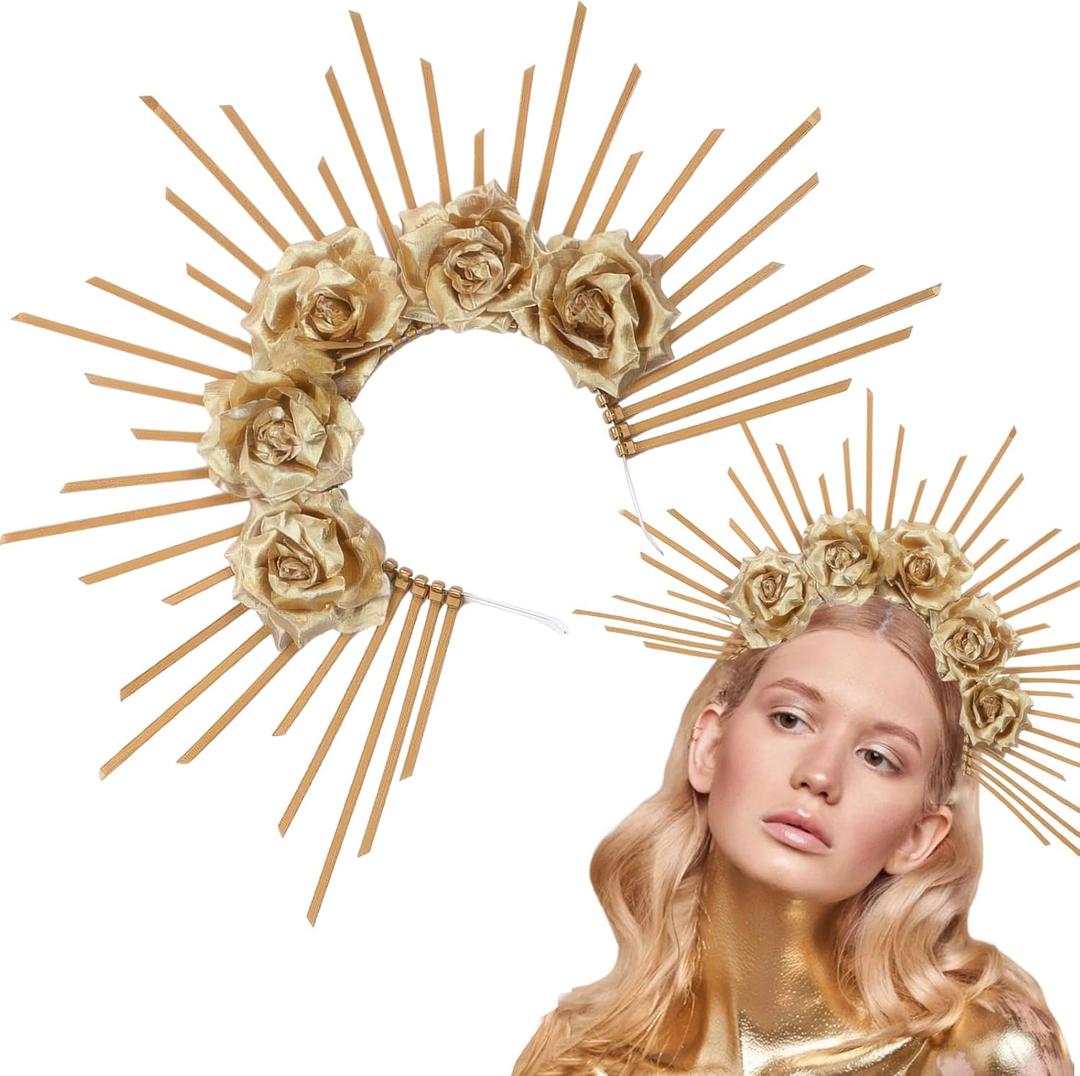 Halo Sun Spike Crown Headband Sunburst Rose Flower Crown Headpiece for Women Halloween Cosplay Party Accessories (Small, Gold)