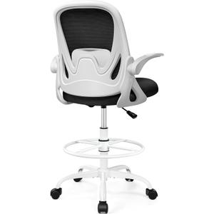 Drafting Chair Tall Office Chair with Flip-up Armrests, Adjustable Height, and Enhanced Lumbar Support - Ergonomic Rolling Stool, Back Support, and Adjustable Foot Rest Ring for Standing Desk White, 934W-Z