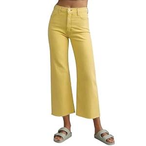 Allimy Women's Summer High Waisted Straight Ankle Wide Leg Ripped Jeans Frayed Hem Stretchy Cropped Capri Pants for Women Trendy Gold Yellow Size 10