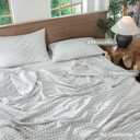 MooMee Gingham Duvet Cover Set 100% Washed Cotton Linen Like Textured Breathable Durable Soft Comfy Modern Checkered Design (Northern Droplet Grey Gingham, Queen 90"x90")