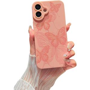 Compatible with iPhone 16 Case Cute Butterfly Pattern Design for Girls Women, Soft Silicone Shockproof Protective Designed for iPhone 16 Case-Pink