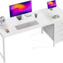 PRAISUN 55.1 Inch Computer Office Desk with Power Outelts and USB-C Port, Reversible Gaming Desk with 4 Fabric Drawers, Work Study Desk Work from Home, White