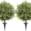 24inch Artificial Ceder Topiary Tree, Artificial Shrubs for Outdoors with Ground Spike, Faux Outdoor Shrubs Potted, Hold Nature Fake Bushes for Front Porch (Set of 2)