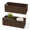 Maqauai Paper Rope Wicker Storage Baskets with Handles, 2 Pack Foldable Storage Basket, Rectangle Wicker Basket, Small Wicke Baskets for Pantry Shelves, Toilet Paper Storage Basket for Bathroom, Brown