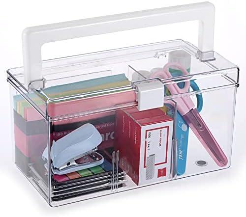 BTSKY Multipurpose Plastic Storage Box with Top Handle & Latch Lock- Portable Storage Box Sewing Box, Tool Box with 2 Removable Grids and Anti-slip Feet for Organizing Art Craft Supplies, Cosmetics,