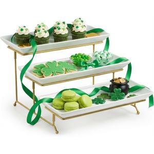 LAUCHUH Large 3 Tier Serving Stand Tiered Serving Trays with Collapsible Sturdier Rack Porcelain Serving Trays and Platters for Fruit Dessert Presentation St. Patrick's Day Party Display Set, 14 Inch (Gold)