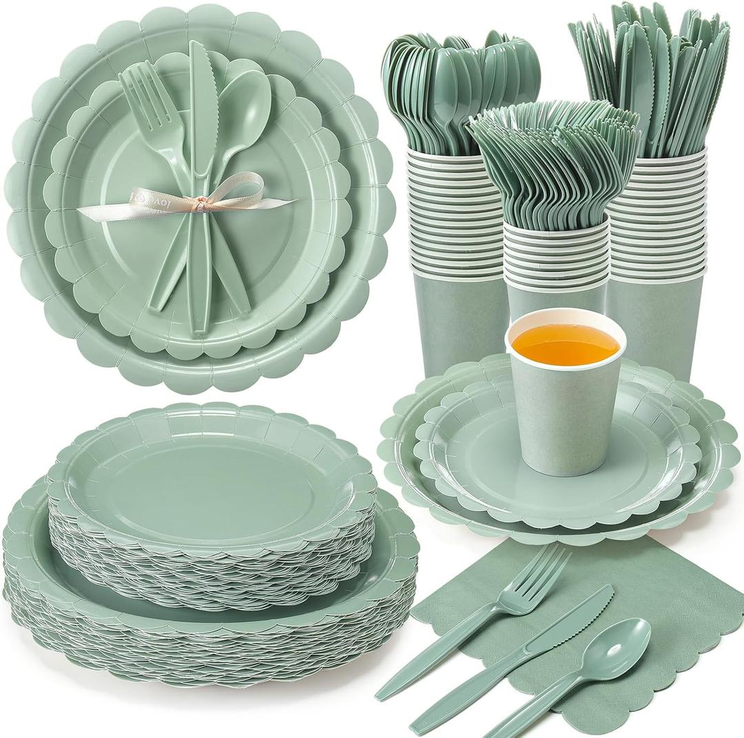 Ziliny 350 Pcs Sage Green Plates and Napkins, 50 Guest Graduation Party Supplies Include Scalloped Paper Plates Napkins Cups Plastic Spoons Forks Knives Disposable Tableware Set for Baby Shower