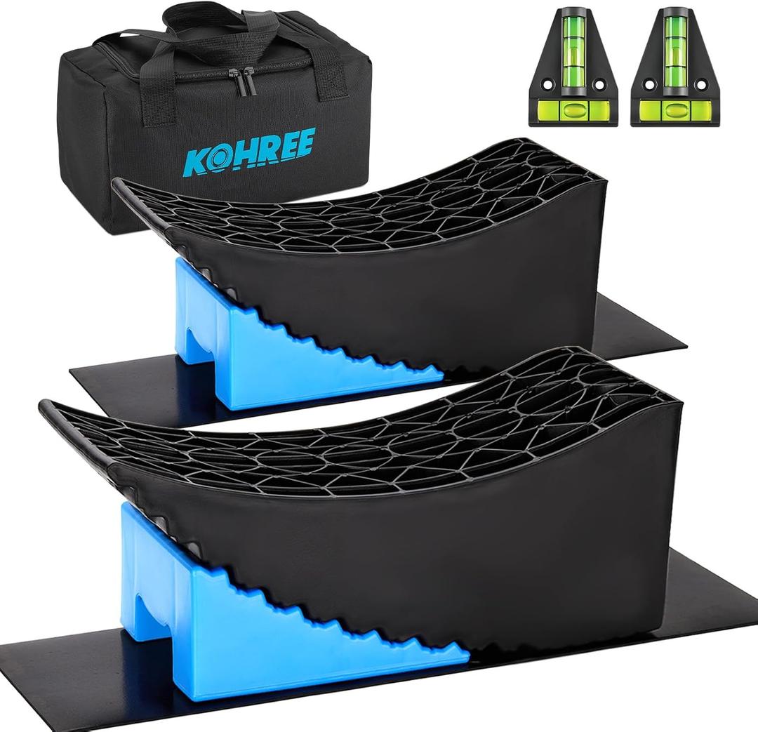 Kohree RV Leveling Blocks 6 Inch, 2 Packs Sturdy Camper Curved Levelers with 2 Wheel Chocks, 2 Rubber Mats & Carry Bag, RV Leveling System for Single Dual Axle Travel Trailers