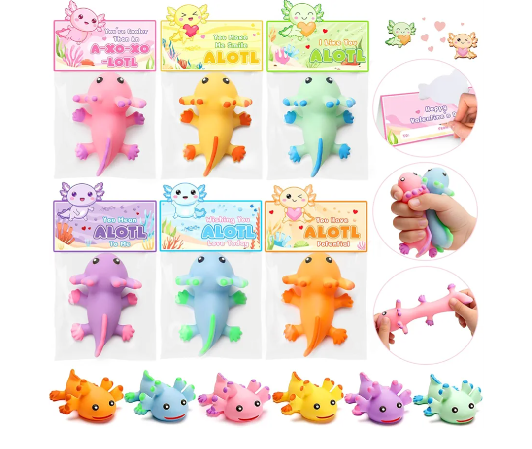 Valentine Gifts for Kids Classroom, 24 Packs Valentines Day Cards with Axolotl Squeeze Toys, Mochi Squeeze for School Exchange Party Favors Boys Girls