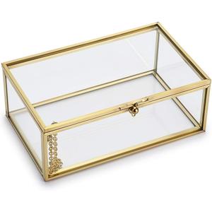 Hipiwe Vintage Glass Keepsake Box, Rectangle Jewelry Display Organize Vanity Lidded Box Home Decor Accent Decorative Box for Storage Trinket Rings Bracelet (Small, Gold)