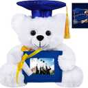 Fovths Graduation Plush Teddy Bear with Blue Non-Woven Picture Frame Diploma Cap for 2024 Graduation 10 Inch Plush Stuffed Animal Teddy Bear with Greeting Card for Graduation Day Gift Decor, White