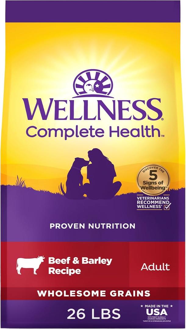 Wellness Complete Health Adult Dry Dog Food, Wholesome Grain Kibble, Natural, Beef and Barley Recipe, 26 lb Bag (EXP 08/06/27)