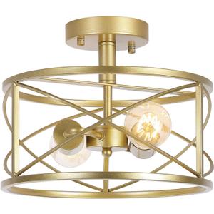 2-Light Semi Flush Mount Matte Gold Ceiling Light Fixture, Farmhouse Industrial Metal Cage with Adjustable Height, Dimmable for Hallway Entryway Kitchen Bedroom Foyer Laundry Low Ceiling