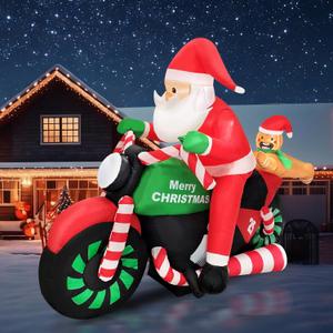 6FT Christmas Decoration Inflatable Santa Riding Motorcycle with Gingerbread Man Lighted Blow Up Santa Claus Outdoor Decor for Holiday, Party, Yard, Lawn, Garden, Winter Festive Display Fun
