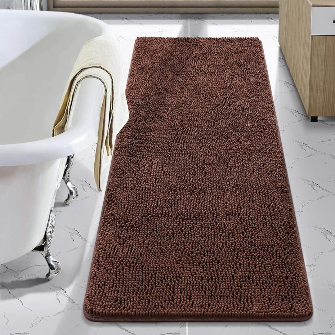 LOCHAS Luxury Bathroom Rug Shaggy Bath Mat 24 x 60 Inch, Washable Non Slip Bath Rugs for Bathroom Shower, Soft Plush Chenille Absorbent Carpets Mats, Brown