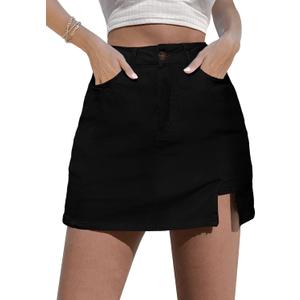 luvamia Skorts Skirts for Women Denim Mini Skirt Side Slit with High Waisted Jean Shorts Stretchy (Large, True Black)