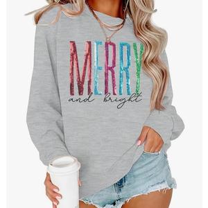 Merry and Bright Sweatshirt Women Merry Christmas Letter Print Long Sleeve Sweater Xmas Crewneck Pullover Casual Blouse Tops XL