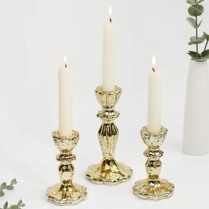Candlestick Holders Set of 3, Gold Glass Mercury Candle Holders for Candlesticks, Table Centerpiece, Home Decor, Wedding, Birthday, Party, Christmas